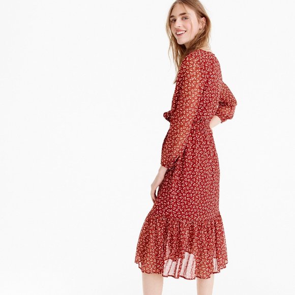 J.CREW Red Sparkle DRESS Floral Crinkle Chiffon Faux-Wrap Midi Dress sz … - Picture 8 of 11